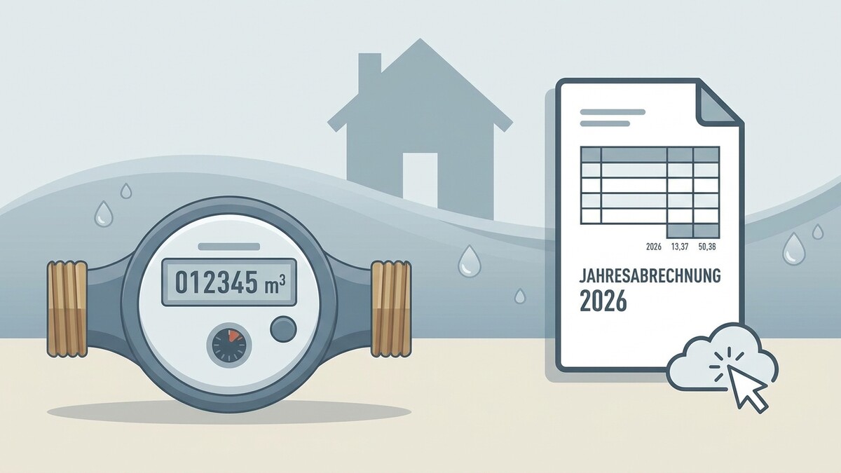 Wasserzähler mit digitaler Anzeige und Jahresabrechnung für 2026 vor Hauskulisse
