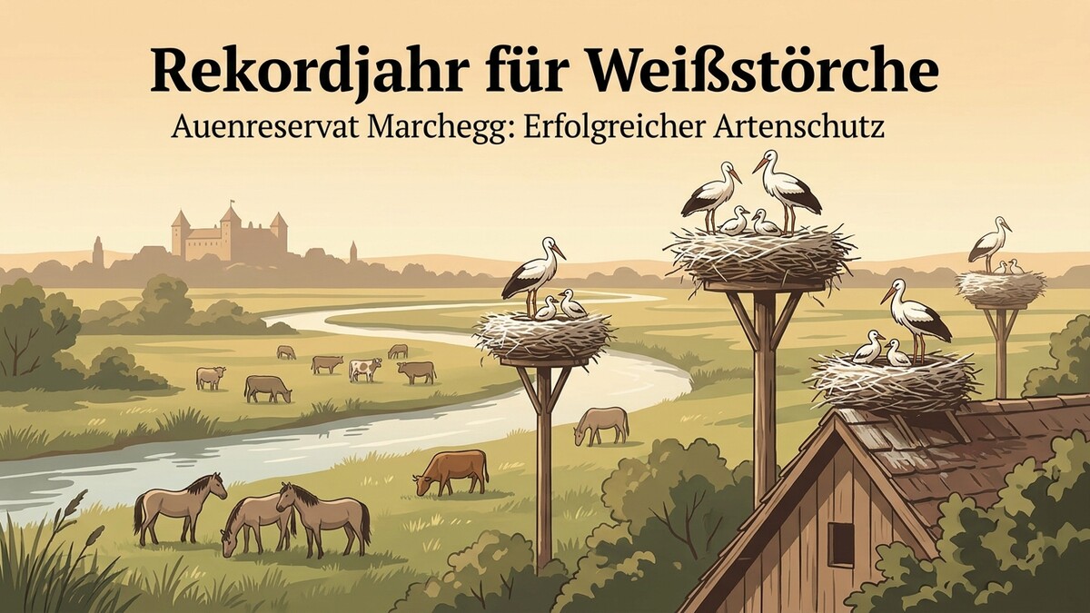Weißstörche in Nestern im Auenreservat Marchegg mit Schloss im Hintergrund und grasenden Tieren