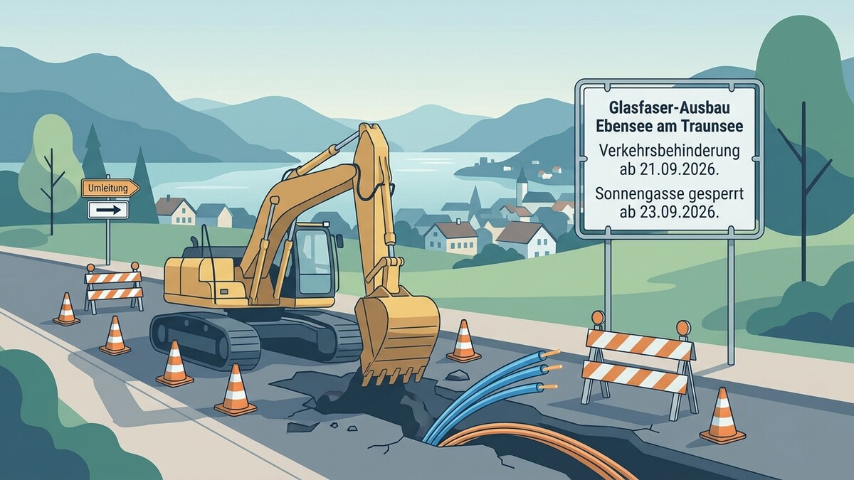 Glasfaser-Ausbau Ebensee am Traunsee mit Bagger und Verkehrsschildern