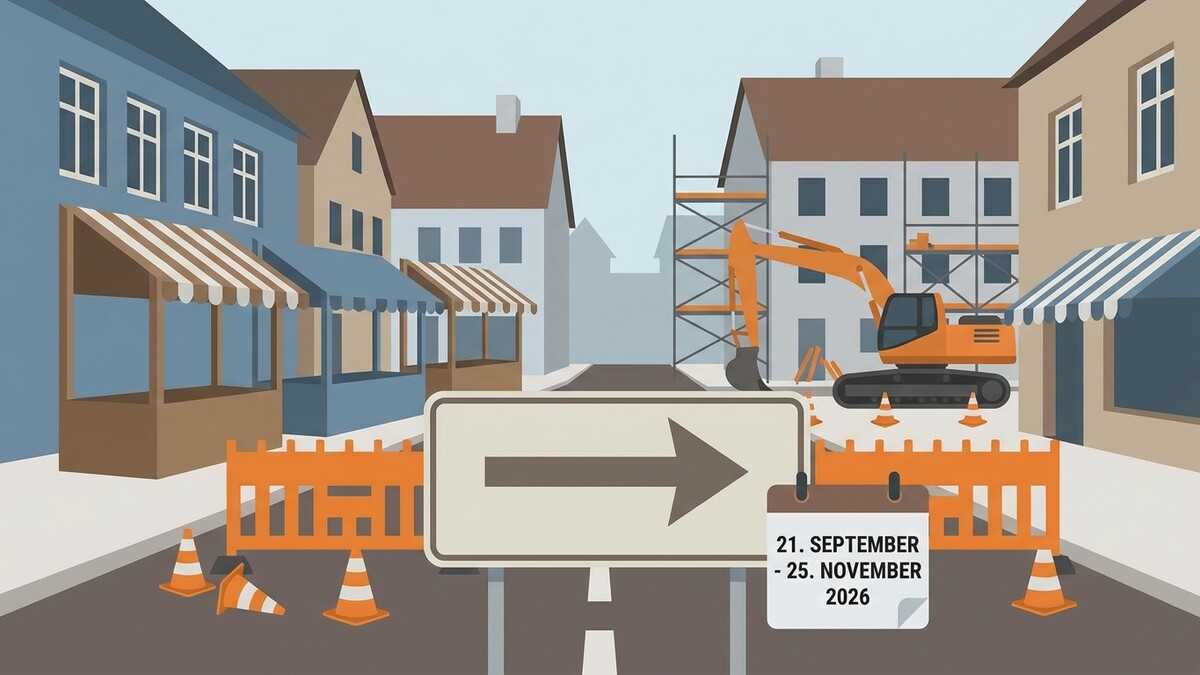 Baustelle mit Bagger und Umleitungsschild, 21. September - 25. November 2026