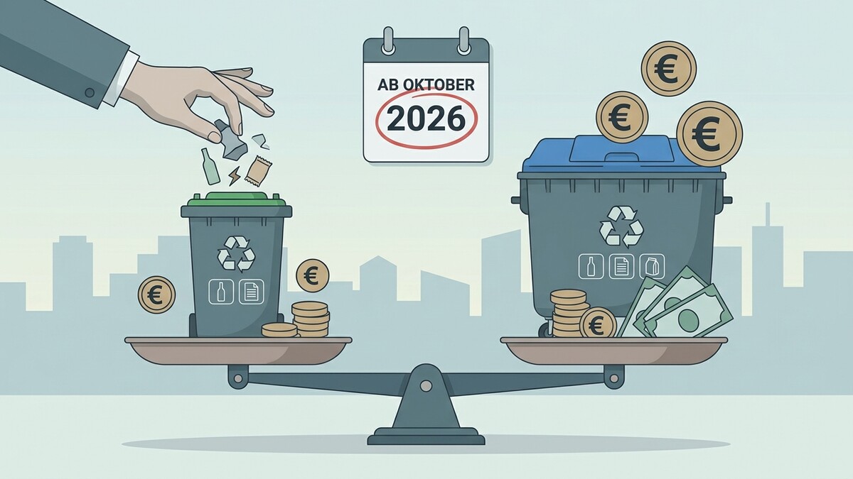 Mülltonnen auf Waage mit Münzen und Scheinen, Kalender zeigt Oktober 2026