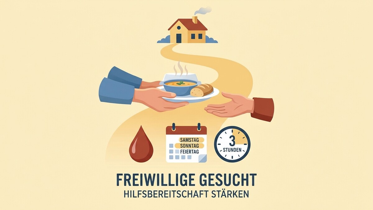 Freiwillige gesucht: Hilfsbereitschaft stärken, symbolisiert durch Hände, die Essen reichen, Blutstropfen, Kalender und Uhr.