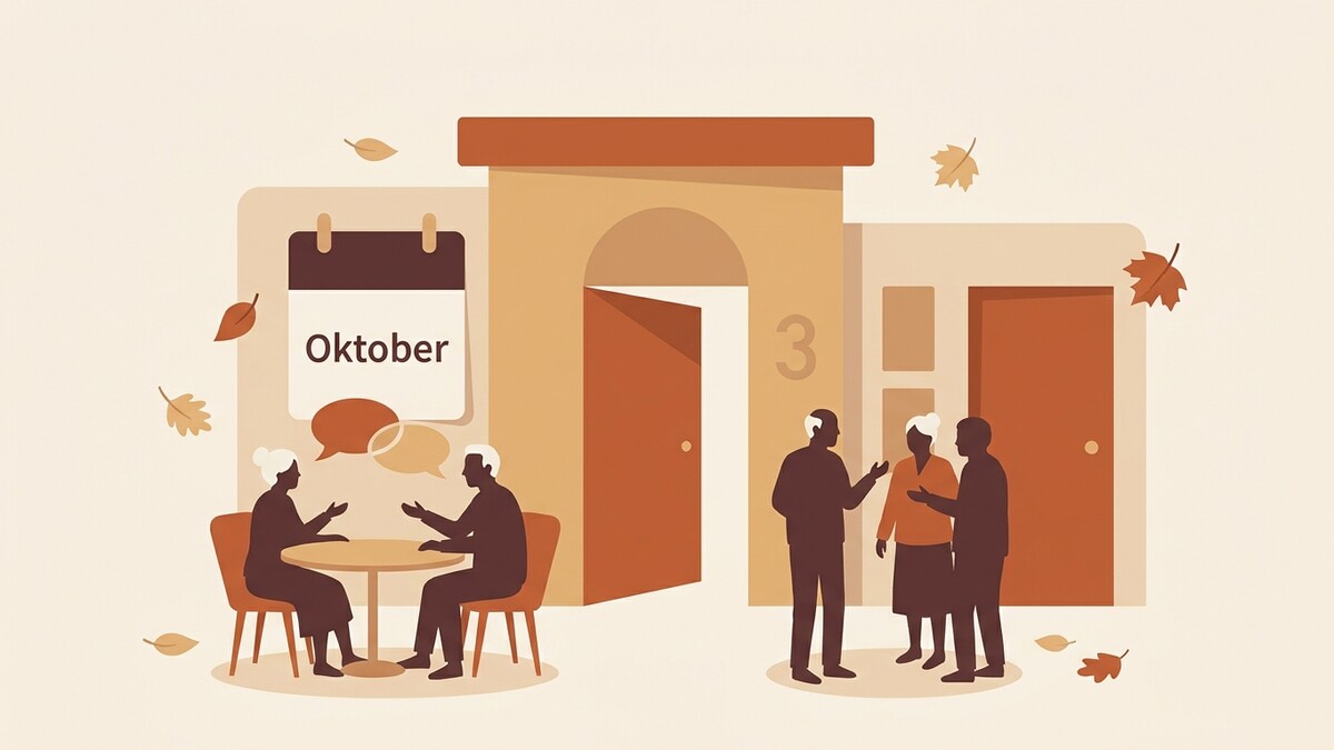 Oktober-Kalenderblatt mit zwei Paaren, die vor einem Haus mit der Nummer 3 sprechen.