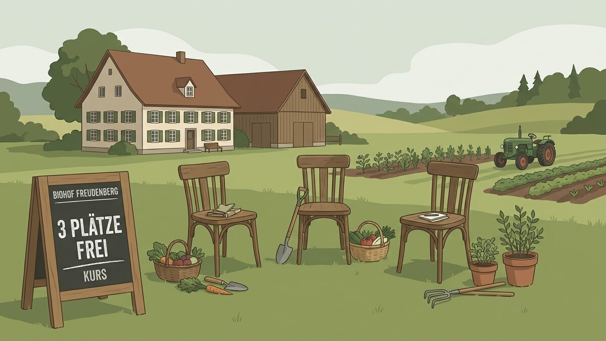 Biohof Freudenberg: Drei Stühle, Gartengeräte und ein Traktor auf einem Feld