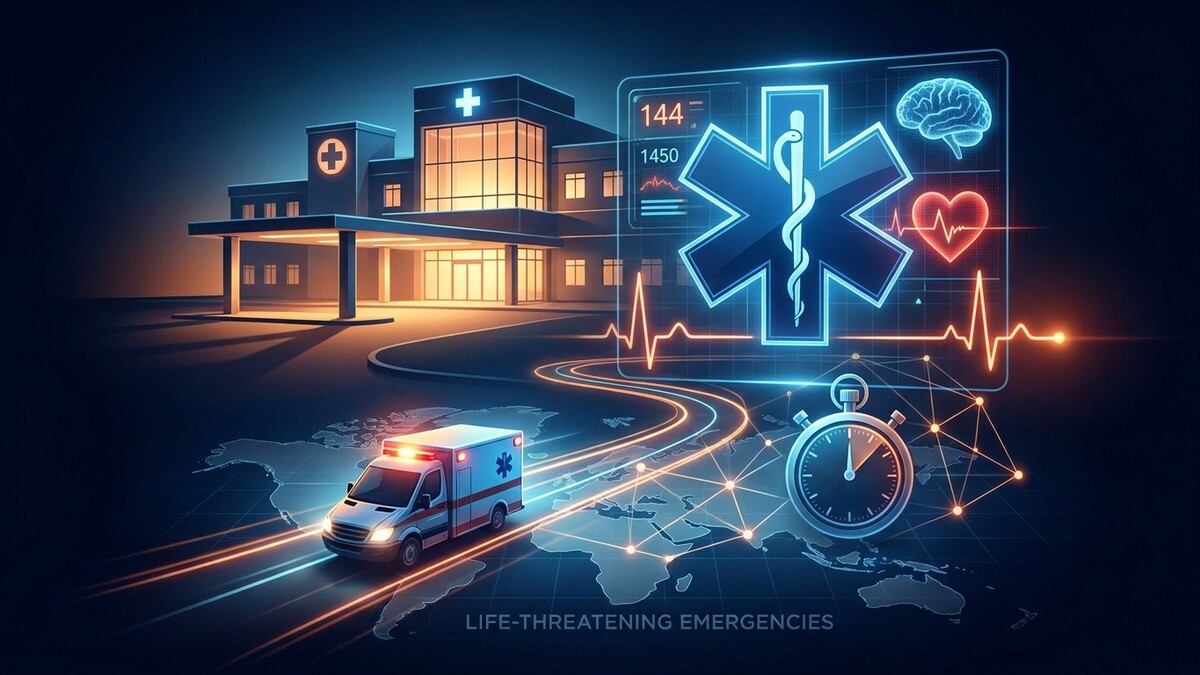 Rettungsdienst-Symbol mit Krankenwagen vor Krankenhaus, EKG und Weltkarte
