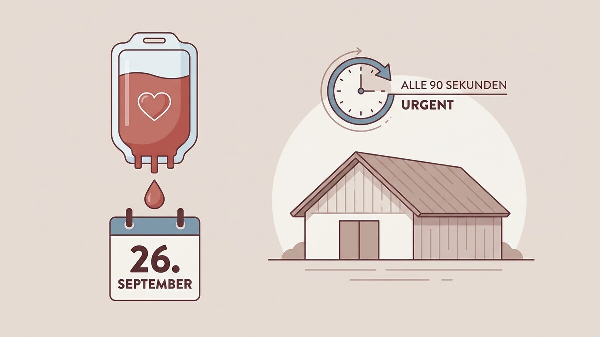 Blutspende: Blutbeutel tropft auf Kalender, daneben Haus mit Uhr und Text "Alle 90 Sekunden Urgent"
