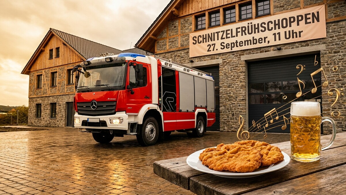 Feuerwehrauto vor Gebäude mit Schnitzel und Bier, Musiknoten