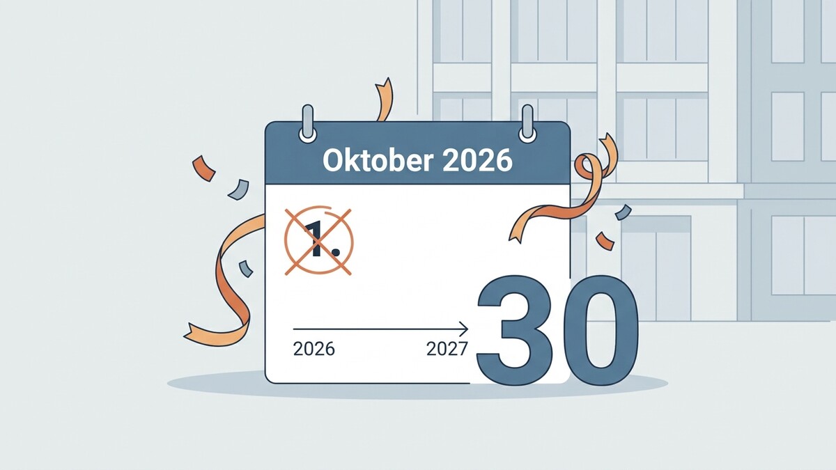 Oktober 2026 Kalenderblatt mit durchgestrichenem 1. und der Zahl 30 davor