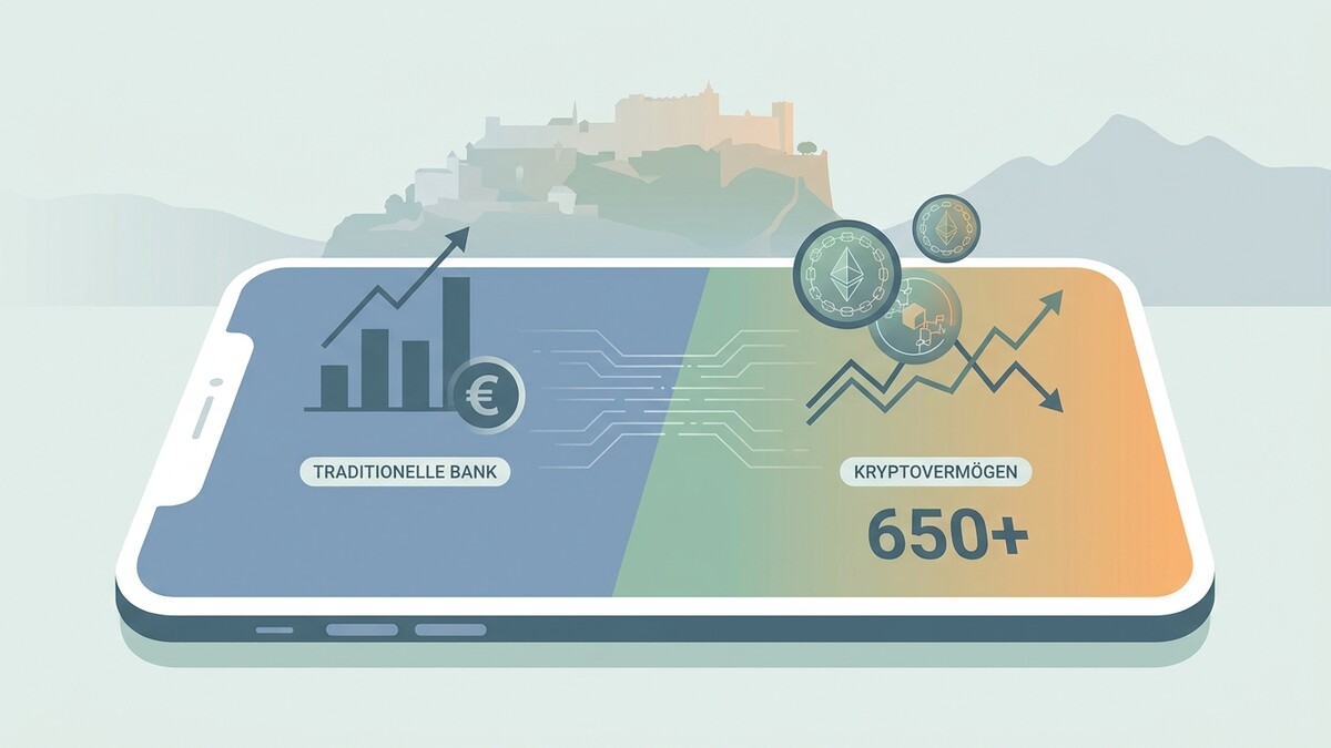 Kryptovermögen vs. traditionelle Bank auf Smartphone-Display mit Festung im Hintergrund