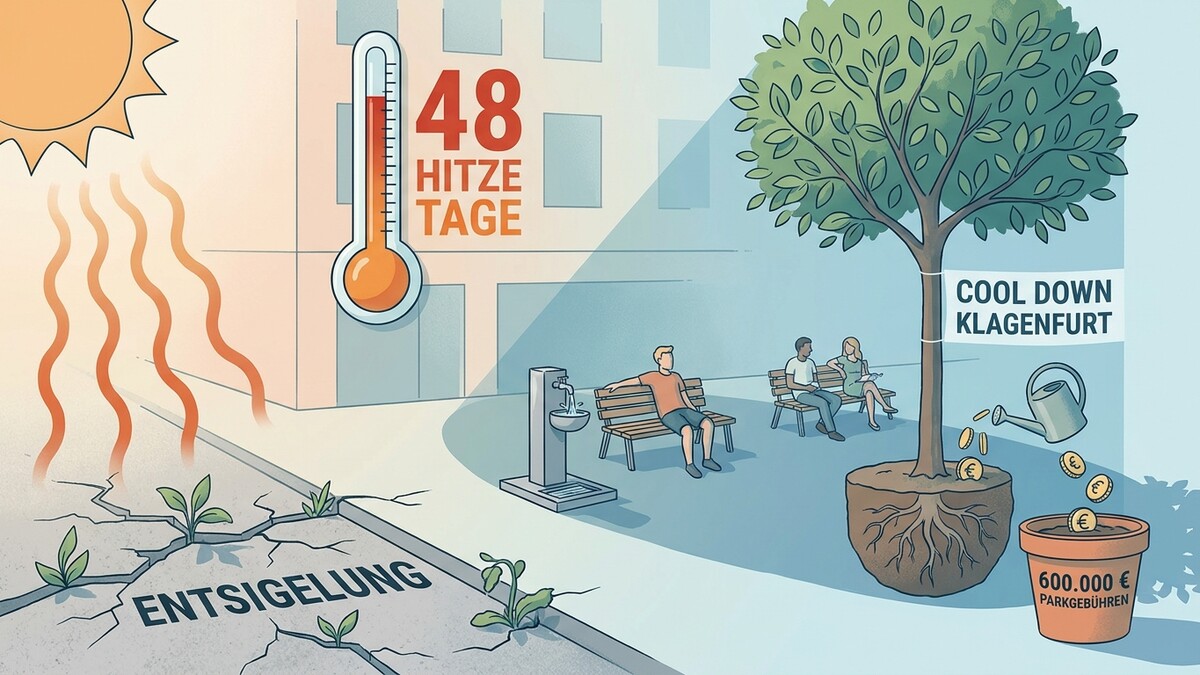 Hitze in Klagenfurt: Thermometer zeigt 48 Hitzetage, Menschen sitzen auf Bänken, ein Baum spendet Schatten.