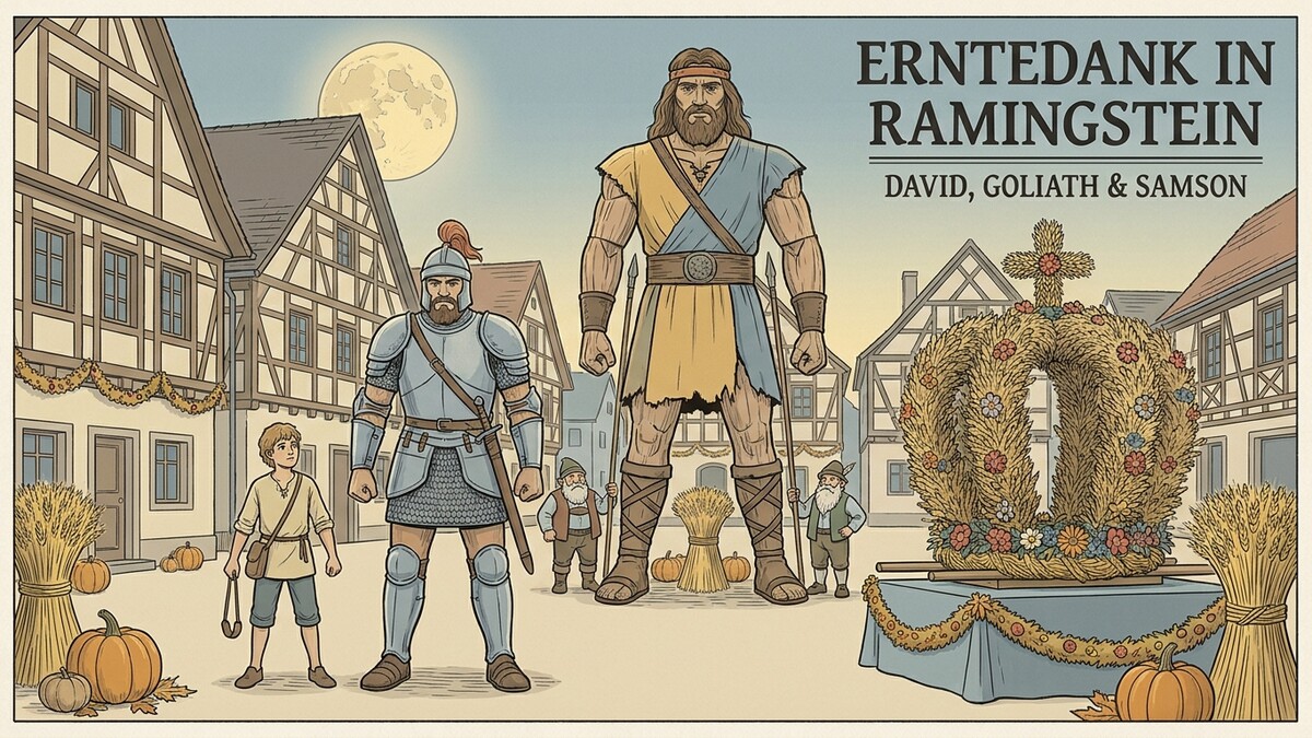 Erntedank in Ramingstein: David, Goliath & Samson mit Erntekrone vor Fachwerkhäusern