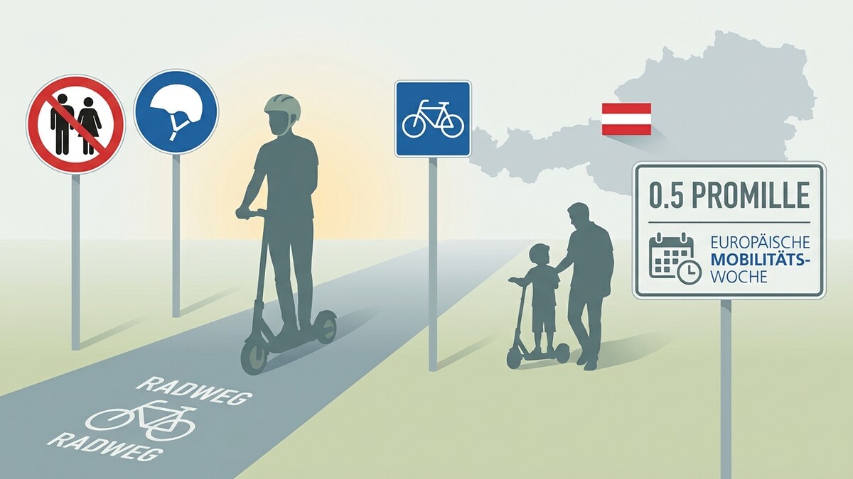 Verkehrsschilder und Silhouetten von Menschen auf E-Scootern in Österreich während der Europäischen Mobilitätswoche.