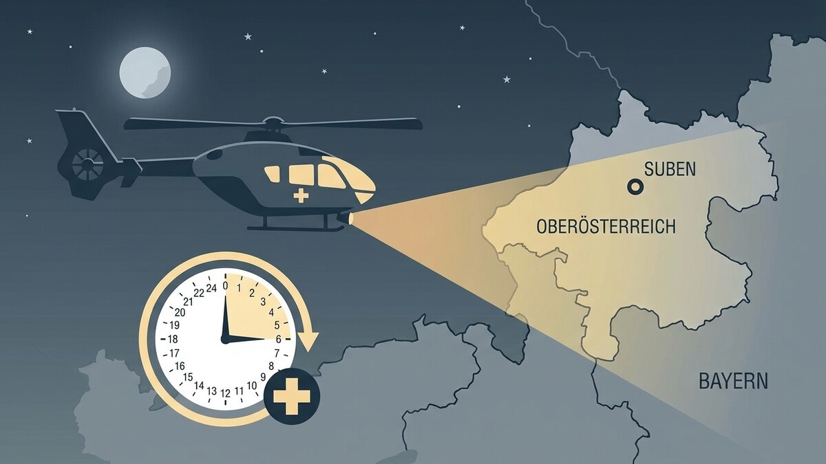 Rettungshubschrauber über Oberösterreich mit Uhr und Karte von Suben und Bayern, Nachtszene