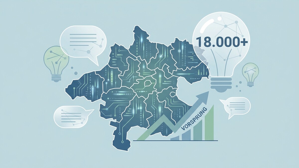 Oberösterreich-Karte mit Glühbirnen, Sprechblasen und Wachstumsgrafik mit Text "Vorsprung"