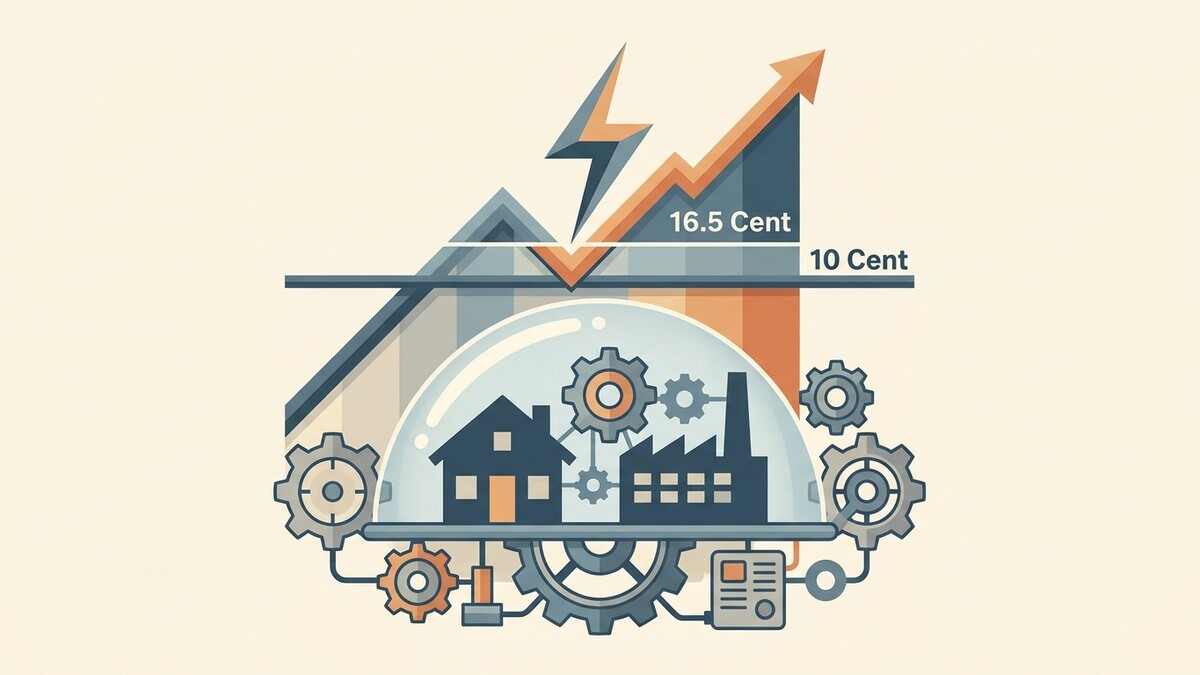 Strompreise 16,5 Cent und 10 Cent mit Grafik und Industrie-Symbolen