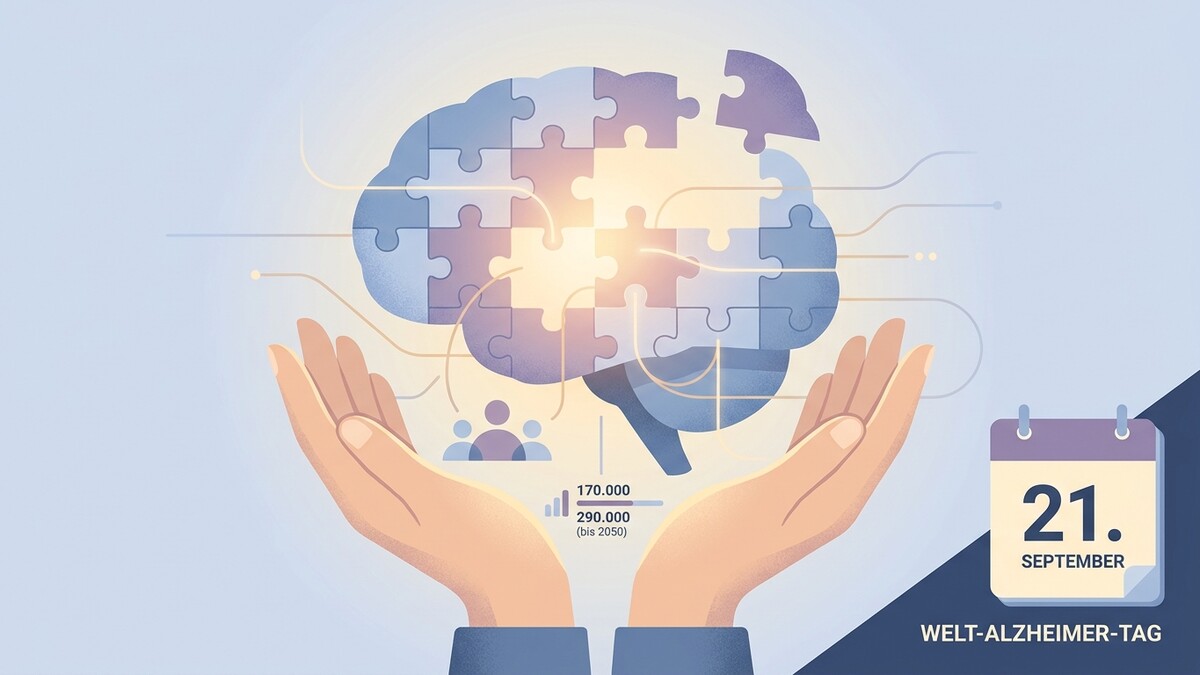 Welt-Alzheimer-Tag: Gehirn aus Puzzleteilen über Händen, Kalenderblatt mit 21. September