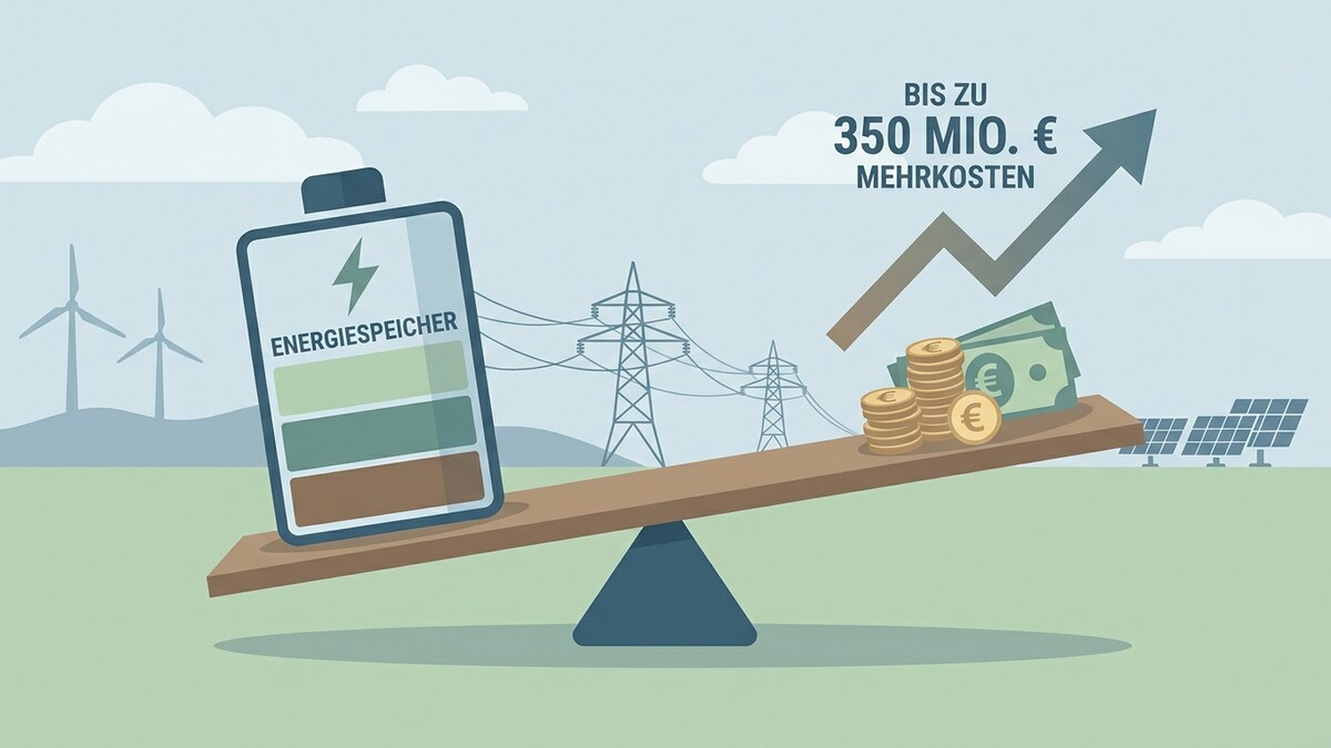 Energiespeicher auf Waage mit Münzen und Euro-Scheinen, bis zu 350 Mio. € Mehrkosten.