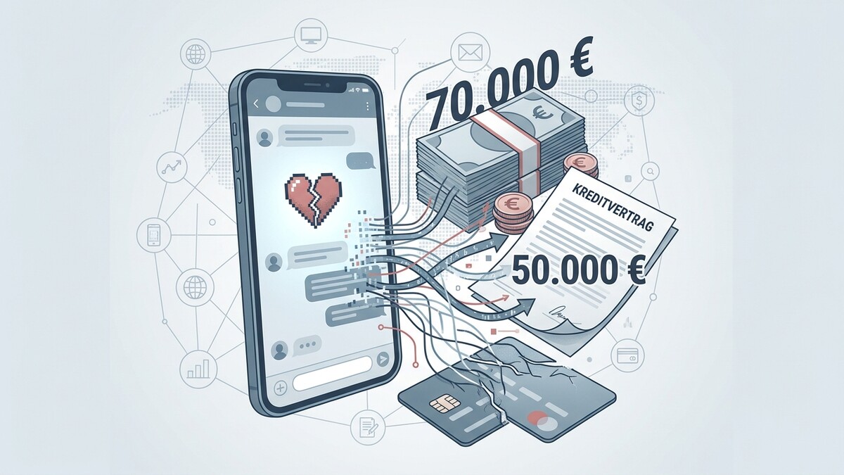 Kreditvertrag 50.000 Euro und Geldbündel neben zerbrochener Kreditkarte und Handy