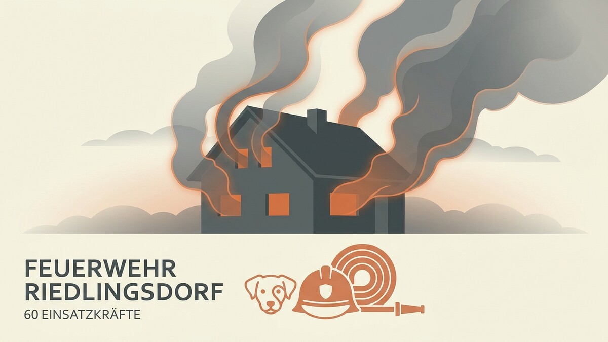 Feuerwehr Riedlingsdorf: Haus in Flammen mit viel Rauch, daneben Hund, Helm und Schlauch