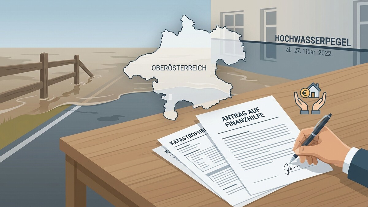 Oberösterreich: Antrag auf Finanzhilfe nach Hochwasser mit Karte und Haus-Symbol