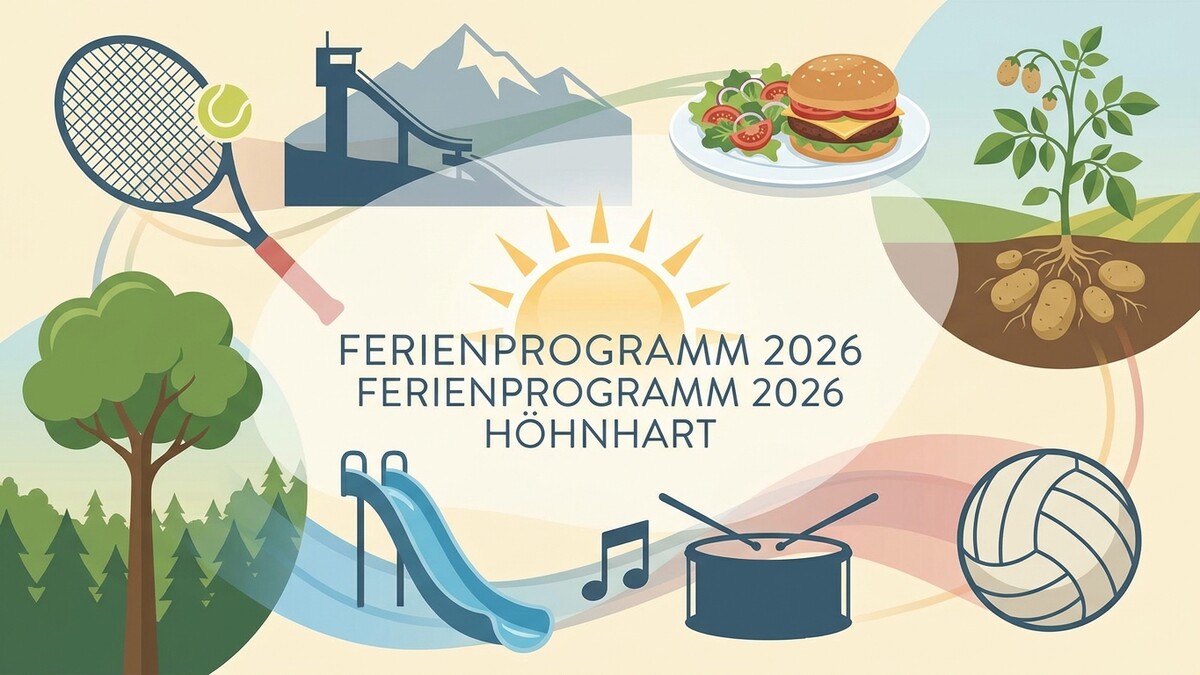 Ferienprogramm Hönhart 2026 mit Sommeraktivitäten wie Tennis, Rutsche, Musik und Volleyball.