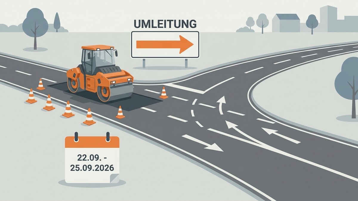 Straßenwalze auf Baustelle mit Umleitungsschild und Kalender 22.09.-25.09.2026