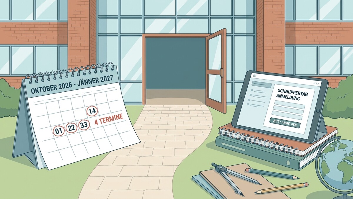 Schnuppertag Anmeldung am Tablet neben Kalender vor Schulgebäude