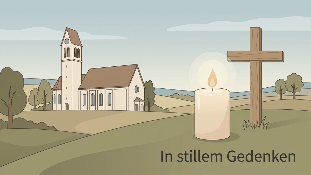 Gedenkkerze und Holzkreuz vor Kirche in ländlicher Umgebung mit Schriftzug "In stillem Gedenken"