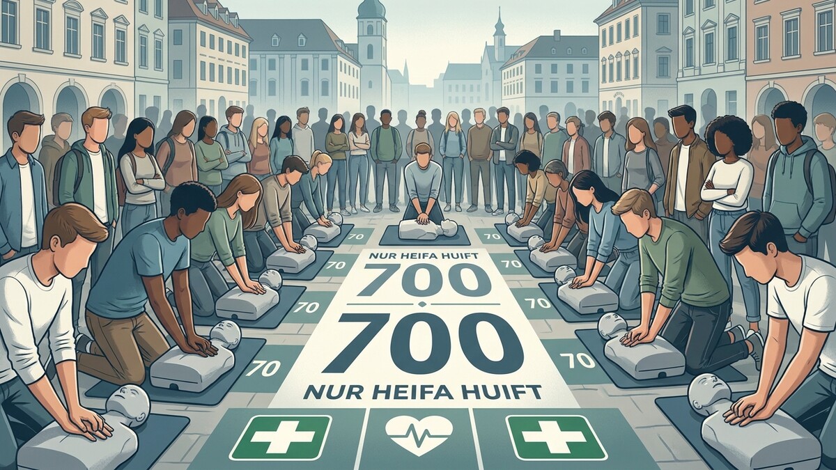 Erste-Hilfe-Kurs mit vielen Teilnehmern in einer Stadt vor historischen Gebäuden