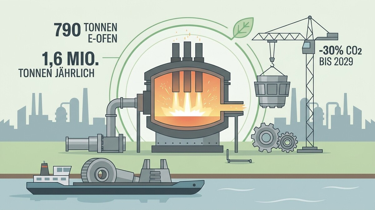 E-Ofen mit 790 Tonnen Kapazität und 1,6 Mio. Tonnen jährlich, Kran mit CO2-Reduktion