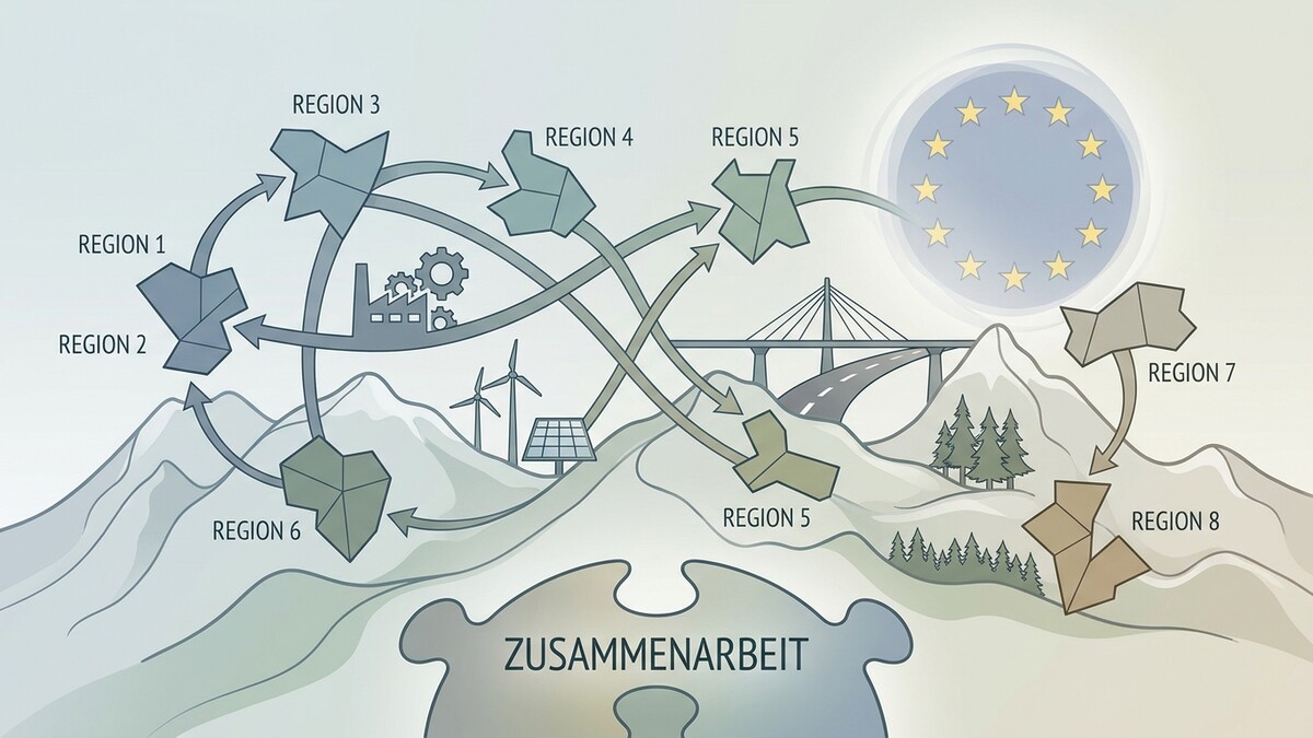 Regionale Zusammenarbeit mit EU-Symbol, Fabrik, Windrädern, Brücke und Berglandschaft