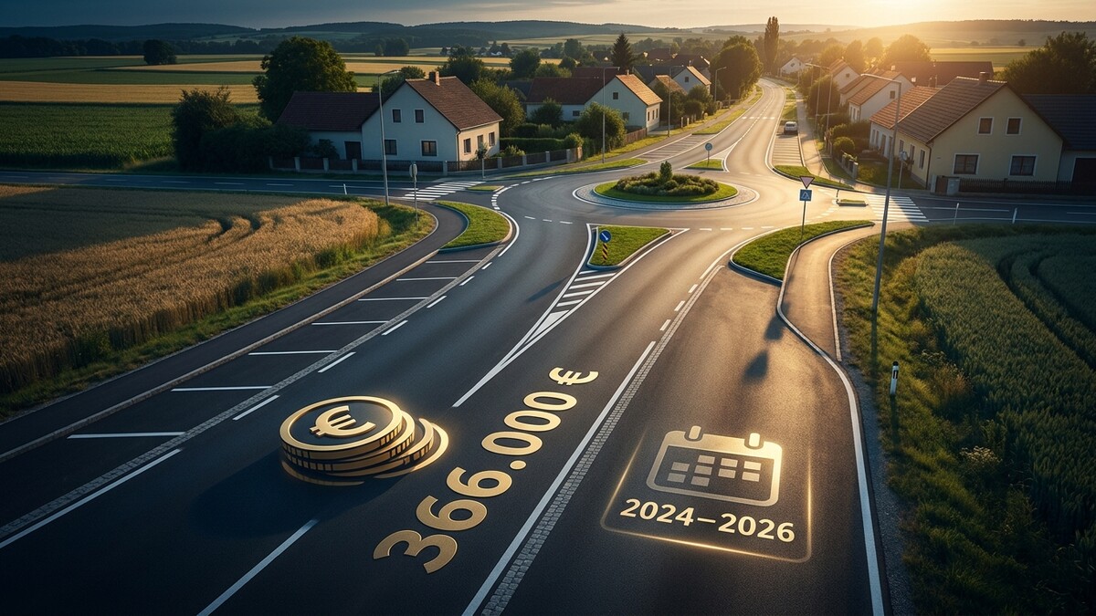 Euro-Münzen und 366.000 € auf einer Straße mit Kalender 2024–2026