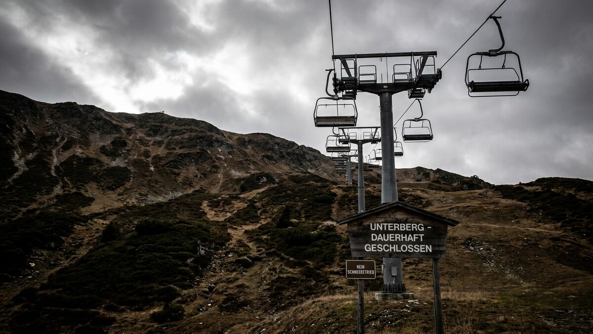 Seilbahn Unterberg mit Schild "Dauerhaft geschlossen" und "Kein Schnee Betrieb"