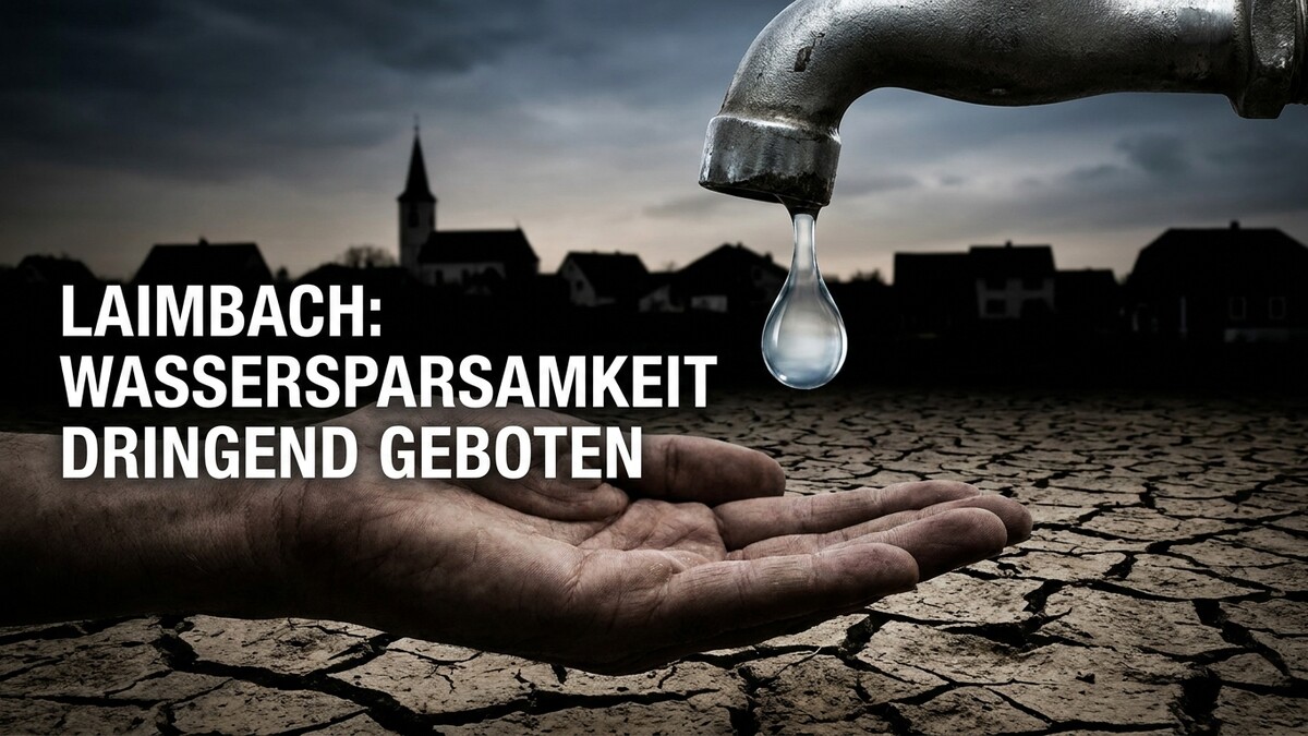 Laimbach: Wasserknappheit, trockene Erde, Tropfen aus Armatur in Hand