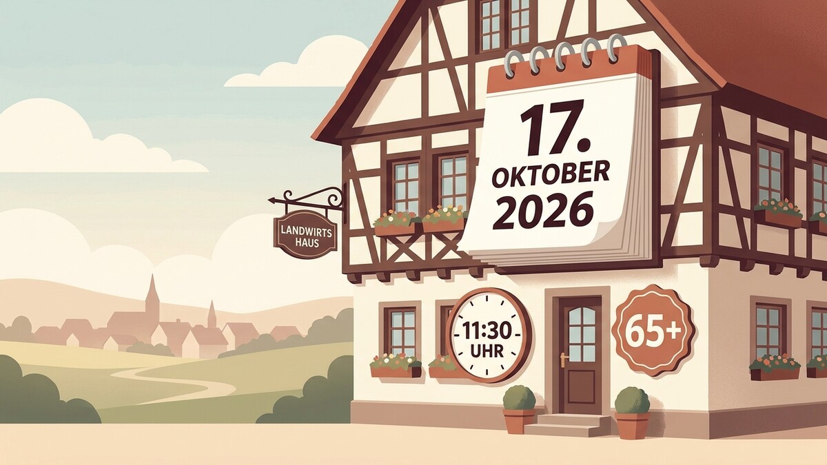 Landwirtshaus mit Kalender 17. Oktober 2026, Uhrzeit 11:30 Uhr und 65+ Symbol