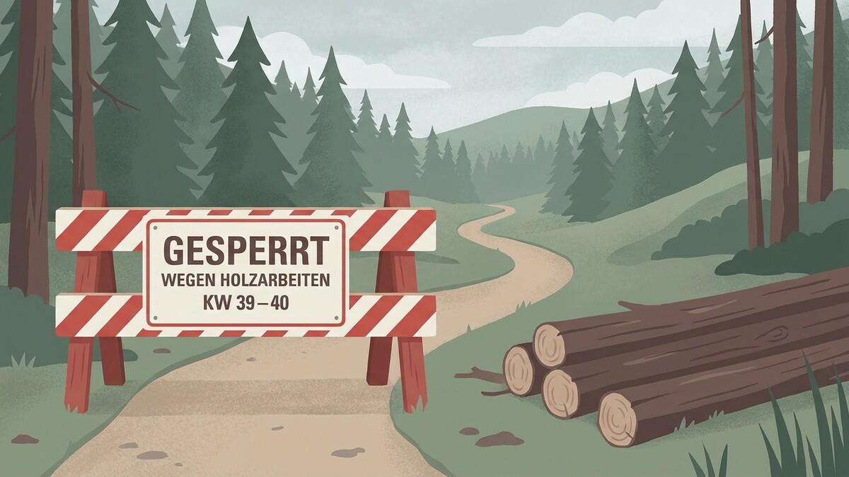Waldweg gesperrt wegen Holzarbeiten KW 39-40 mit Holzstämmen