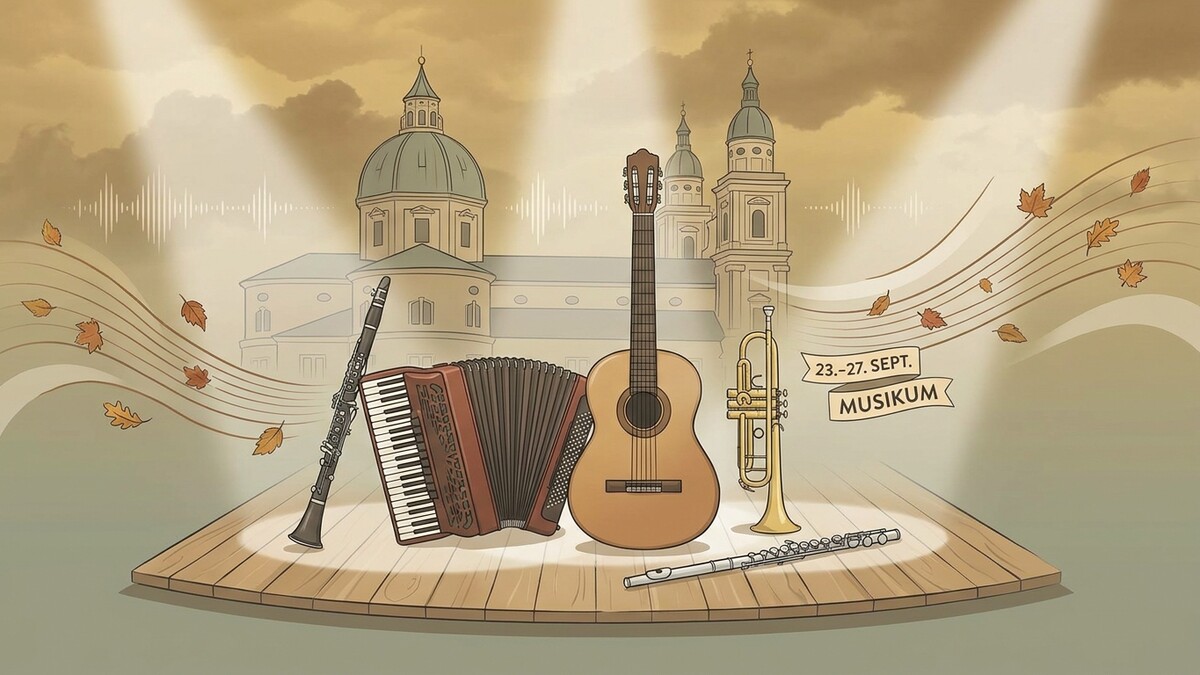 Musikum: Klarinette, Ziehharmonika, Gitarre und Trompete auf Bühne vor Salzburger Dom