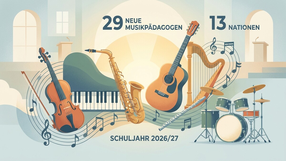 Musik: Diverse Instrumente, 29 neue Musikpädagogen, 13 Nationen, Schuljahr 2026/27