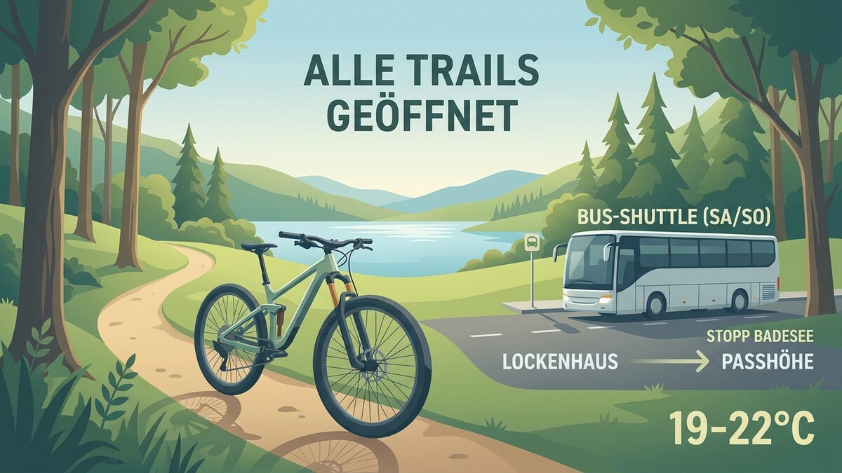 Mountainbike am Weg neben See und Bus-Shuttle-Haltestelle mit Hinweis auf Öffnungszeiten und Temperaturen