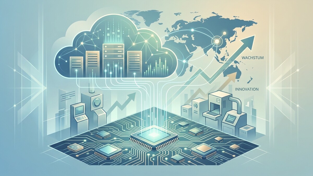 Technologie-Illustration mit Cloud, Weltkarte, Schaltkreisen, Maschinen und Wachstumspfeilen.