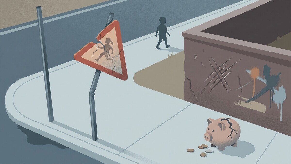 Warnschild mit zerbrochenem Sparschwein und Kindersilhouette auf der Straße