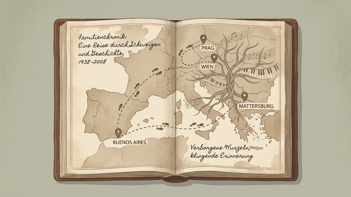 Familienchronik-Karte mit Fußspuren von Buenos Aires über Prag und Wien nach Mattersburg.