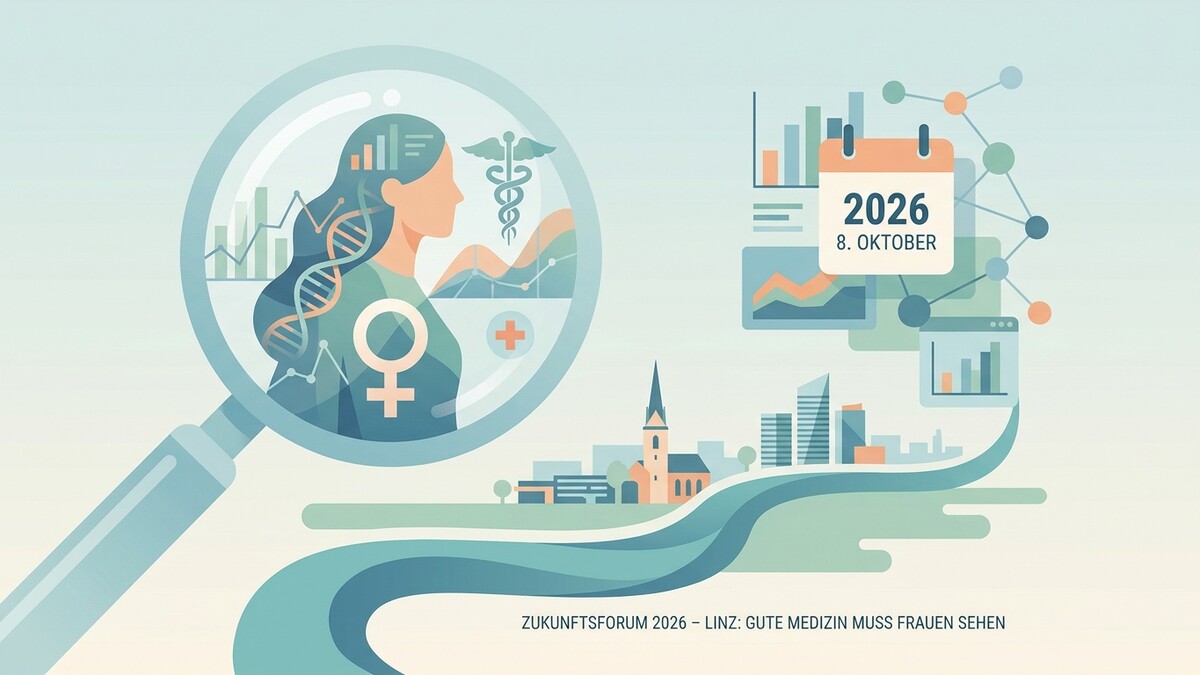 Zukunftsforum 2026 Linz: Frauensymbol unter Lupe mit medizinischen Symbolen und Stadtkulisse
