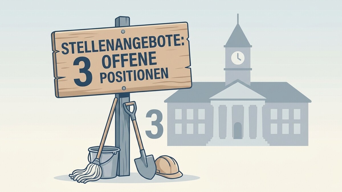 Stellenangebote: 3 offene Positionen, Schaufel, Eimer, Putzlappen, Helm vor Gebäude