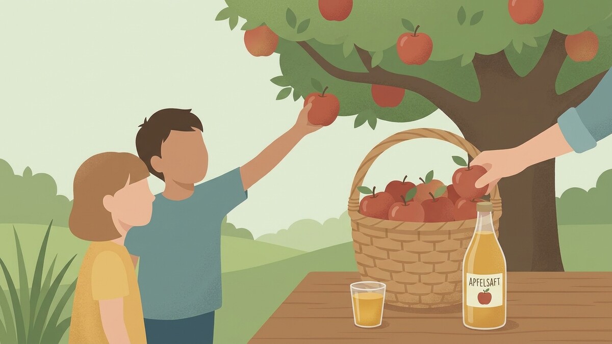Kinder pflücken Äpfel in einem Obstgarten, daneben ein Korb mit Äpfeln und Apfelsaft.