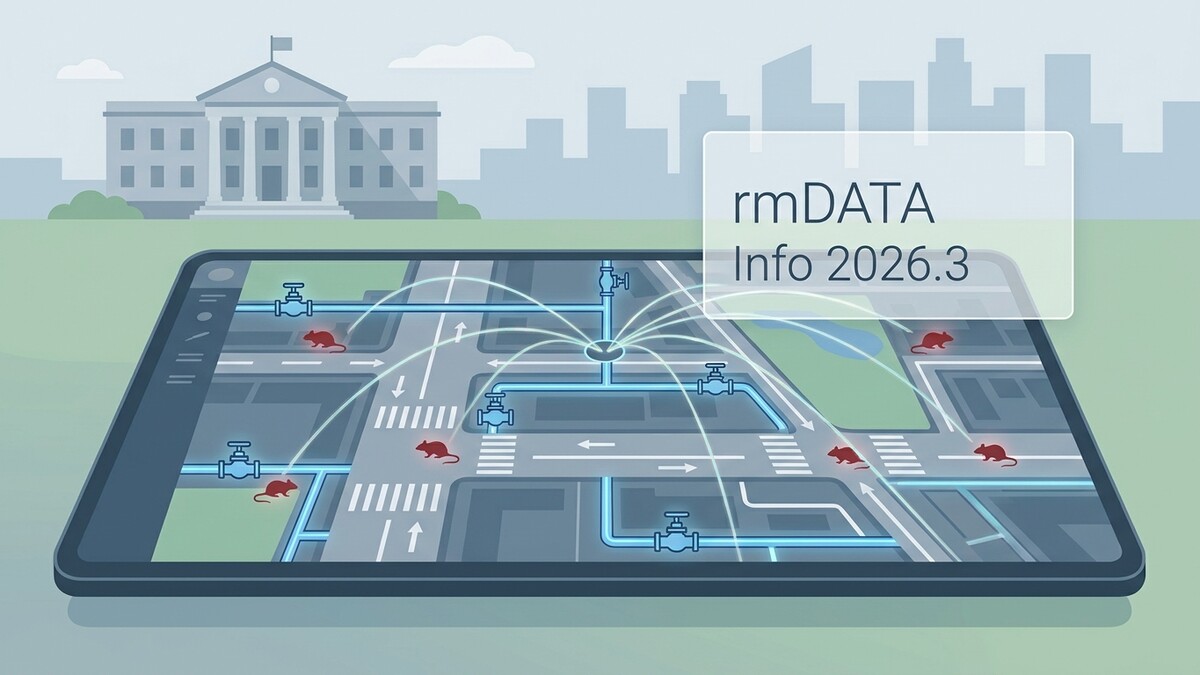 rmDATA Info 2026.3: Tablet zeigt städtische Infrastruktur mit roten Ratten-Symbolen