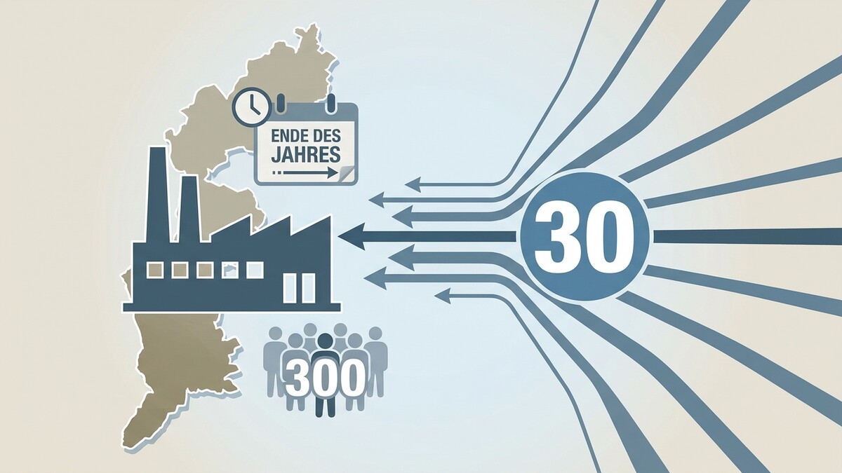 Industriegebäude auf Karte von Kärnten mit Kalender "Ende des Jahres" und 300 Personen neben 30 Pfeilen