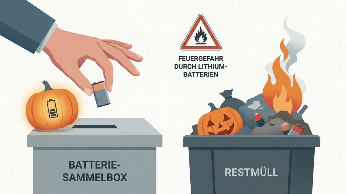 Batterie-Sammelbox mit Kürbis und Warnhinweis Feuergefahr durch Lithium-Batterien neben Restmülltonne mit brennendem Abfall