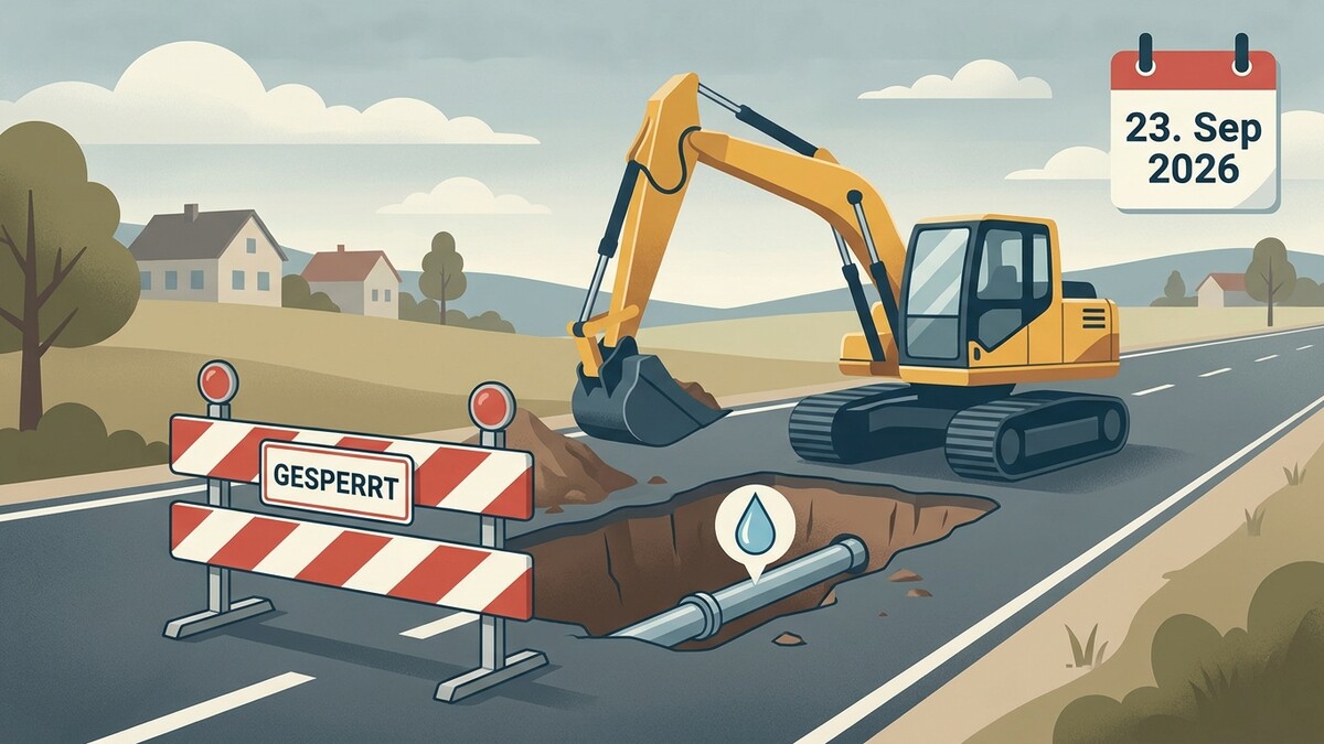 Baggerarbeiten auf Straße mit Absperrung und Kalenderblatt 23. Sep 2026