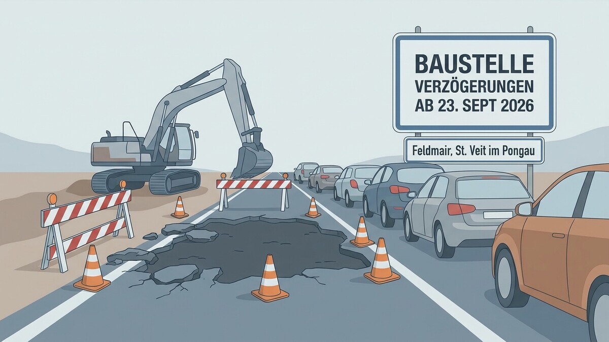 Baustelle Feldmair, St. Veit im Pongau mit Bagger und Stau
